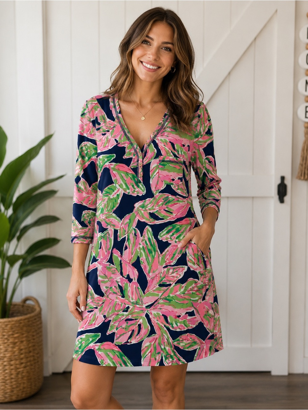 Lilly Pulitzer Pima Cotton Henley T-Shirt Dress Large 3/4 Sleeve Tropical Print